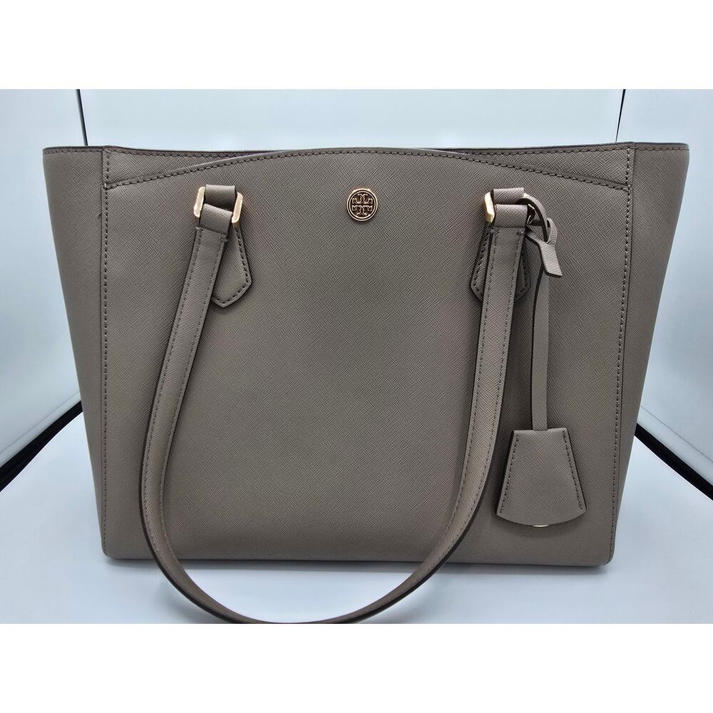 Tory Burch Small Robinson Saffiano Leather Tote-Taupe/Grey w/Gold-Tone HardWare